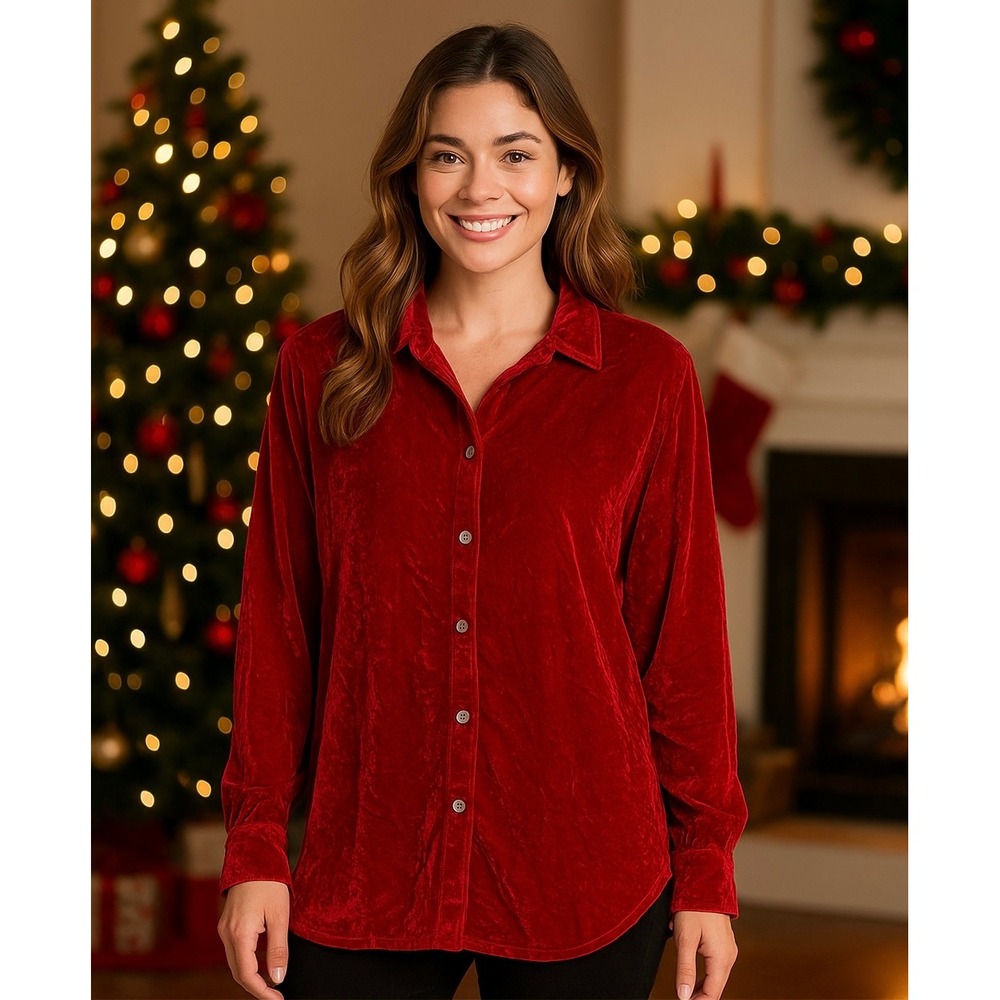 John Mark Red Crushed Velvet Button Down Shirt Blouse Long‎ Sleeve Size L